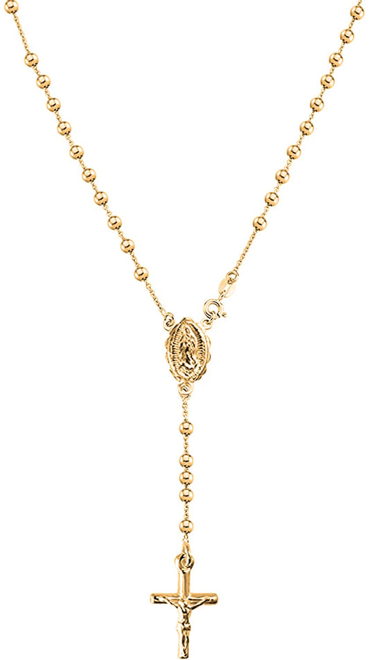 Savlano 925 Sterling Silver Italian Solid Bead Chain Cross & Rosary Virgin Mary Pendant -18K Gold Plated Y Necklace Comes With Gift Box for Women - Made in Italy (20, 4mm)
