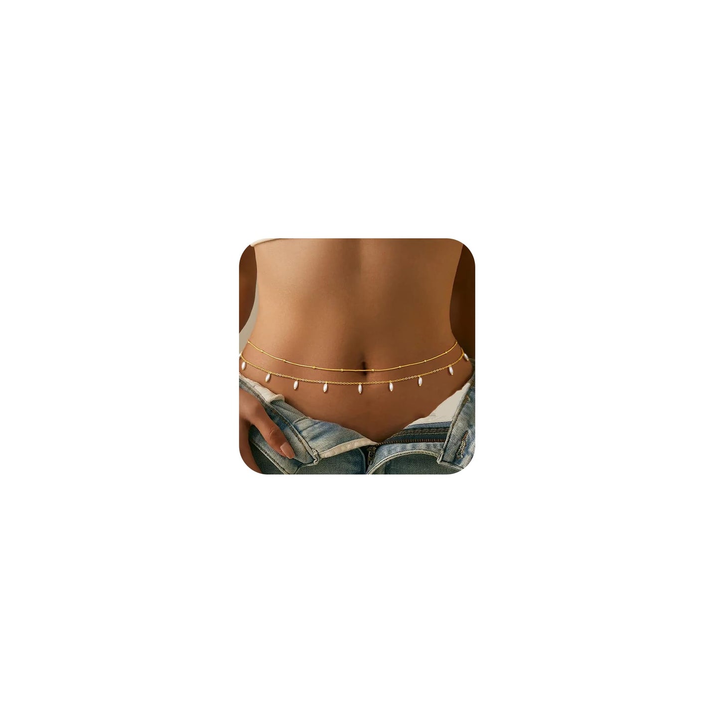 CHESKY Gold Waist Chains for Women, Dainty 14k Gold Plated 2Pcs Layered Belly Chain for The Waist Adjustable Waterproof Bikini Snake Chain Summer Non Tarnish Body Chian Jewelry Gifts for Women