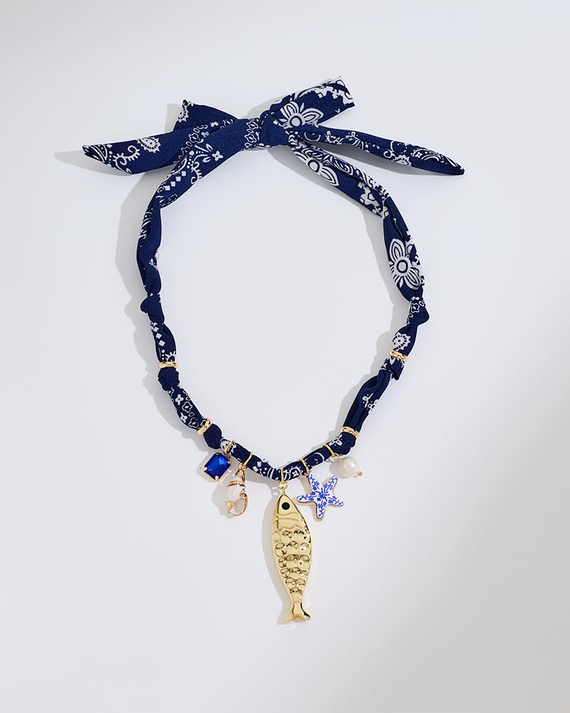 MYCUTEY Blue Scarf Necklace For Women with Gold Fish Conch Shell Starfish and Pearl Charms Summer Statement Necklace Boho Beach Jewelry Gifts