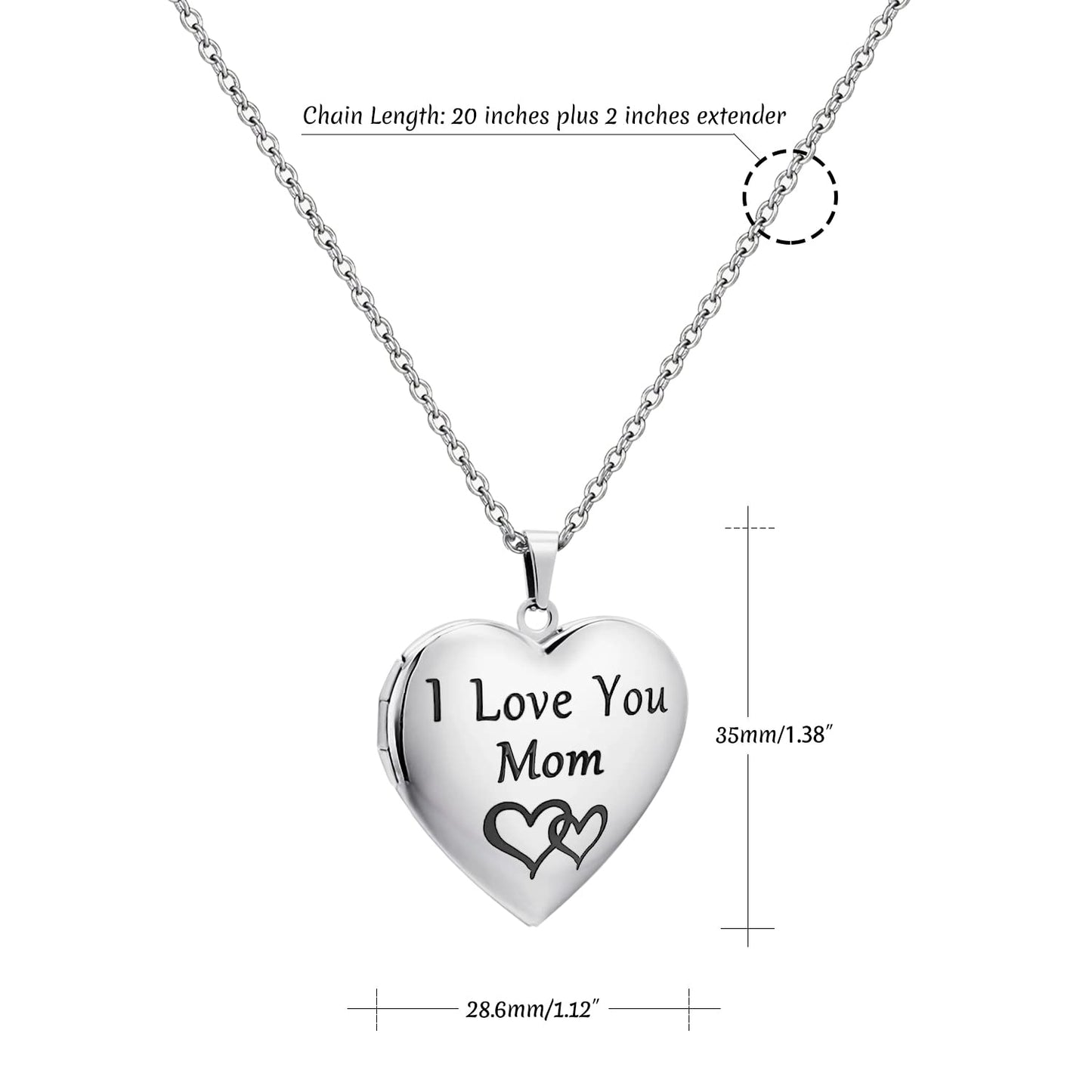 PHOCKSIN I Love you Mom Custom Personalized Silver Heart Locket Necklaces For Women Photo Locket Necklace with Customized Text Pictures for Mothers Day Gifts