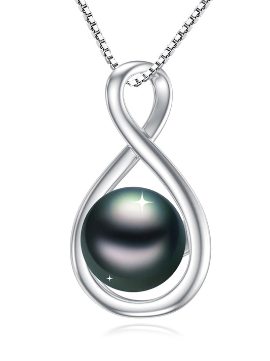 KANNSOAR 9MM Tahitian Black Pearl Infinity Pendant Necklace Pearl Jewelry-Wedding Birthday Anniversary Valentines Day Christmas Mothers Day Gifts for Women Wife Mom Girlfriend Her