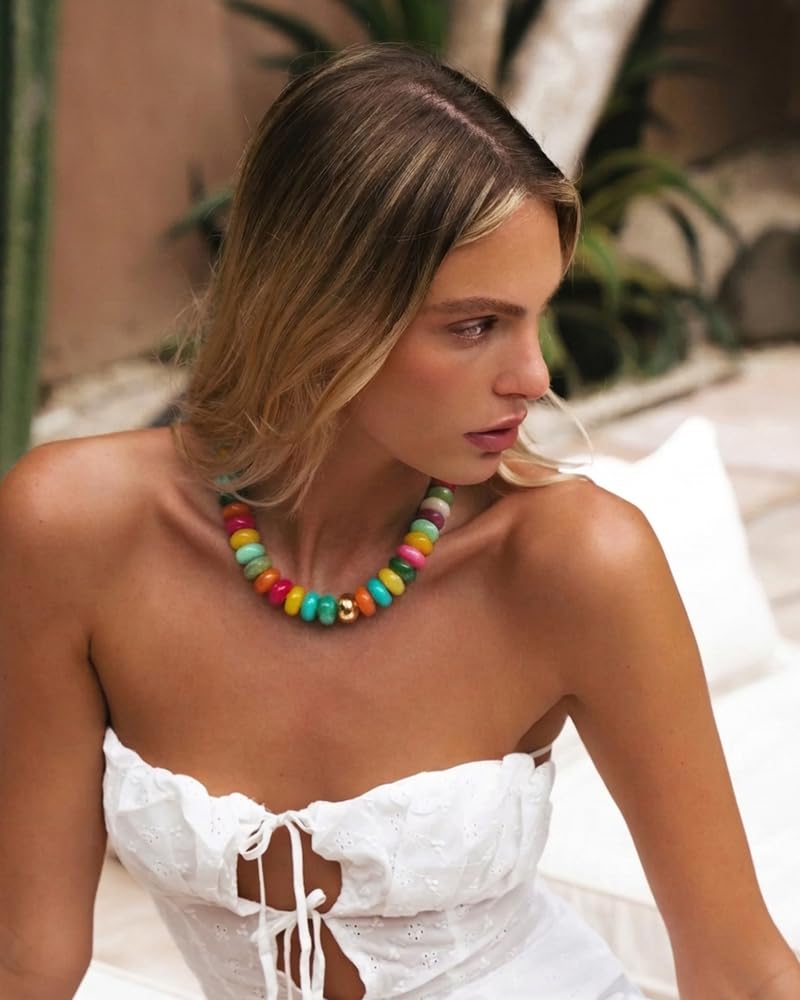 FAUTHENTICUTE Colorful Beaded Necklace for Women Large Flat Round Bead Statement Necklace with Gold Accent Trendy Boho Choker Necklaces Summer Y2K Jewelry Mothers Day Gifts