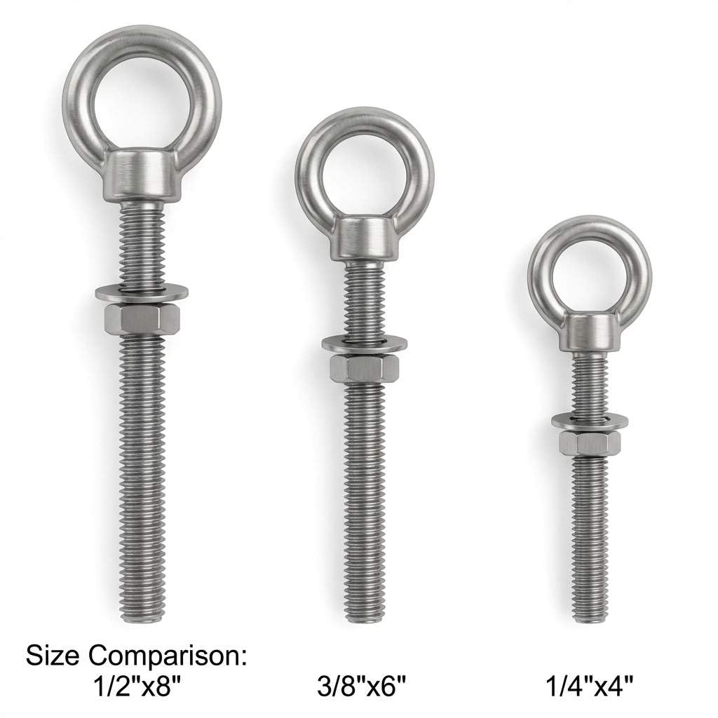QWORK 3/8"x6" Stainless Steel Shoulder Eye Bolts – 10 Pack Machine Thread Set with Nuts for Metal Frame, Rigging & Cable Mounting