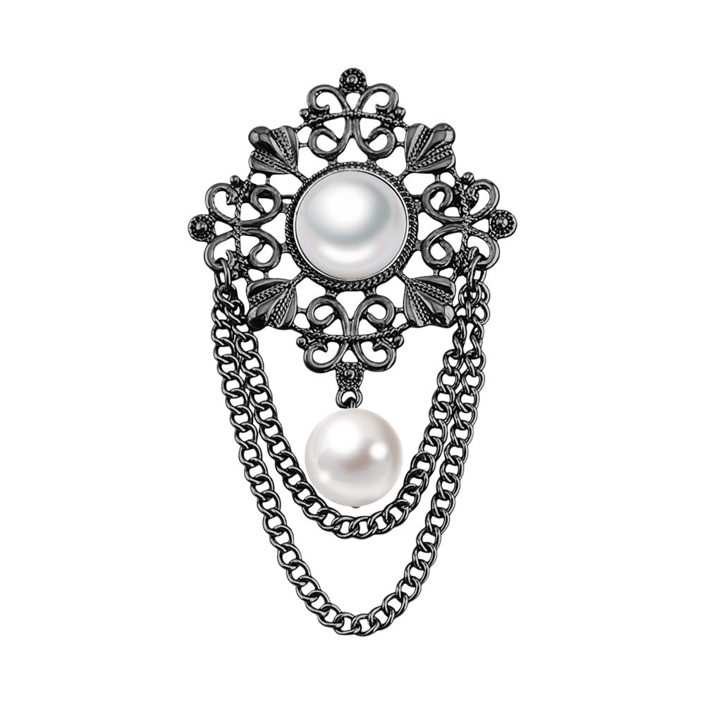 Vintage Round Pearl Filigree Flower Chain Tassel Brooches Lapel Pins for Women Girls Party Dance Banquet Dainty Boho Gold Dangle Drop Pin Dress Suit Clothes Accessories Jewelry (Black)