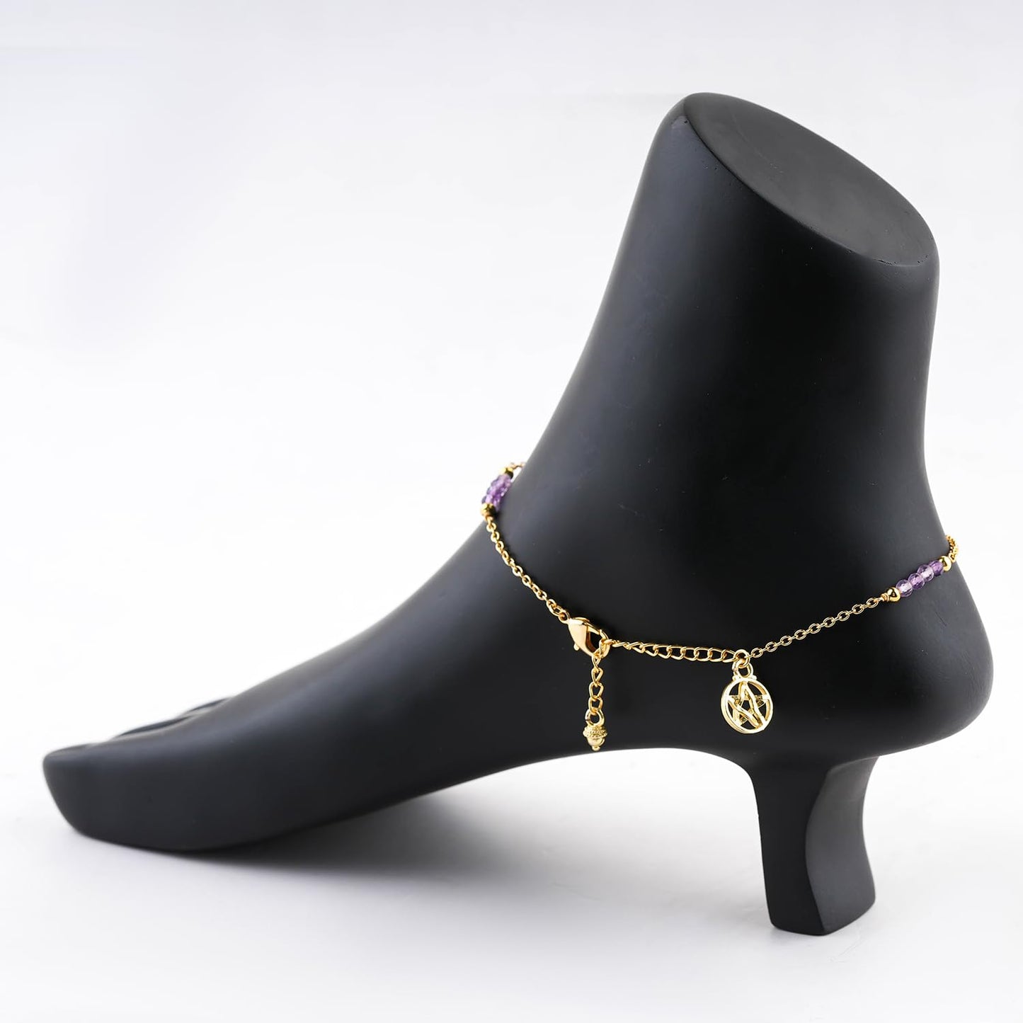 CRYSTALINES Natural Amethyst Gemstone Beads, Handmade Station Dangle Star Charms Anklet, 14K Gold Plated, Adjustable Fashion Boho Jewelry for Women, Healing Crystals, Christmas Gift