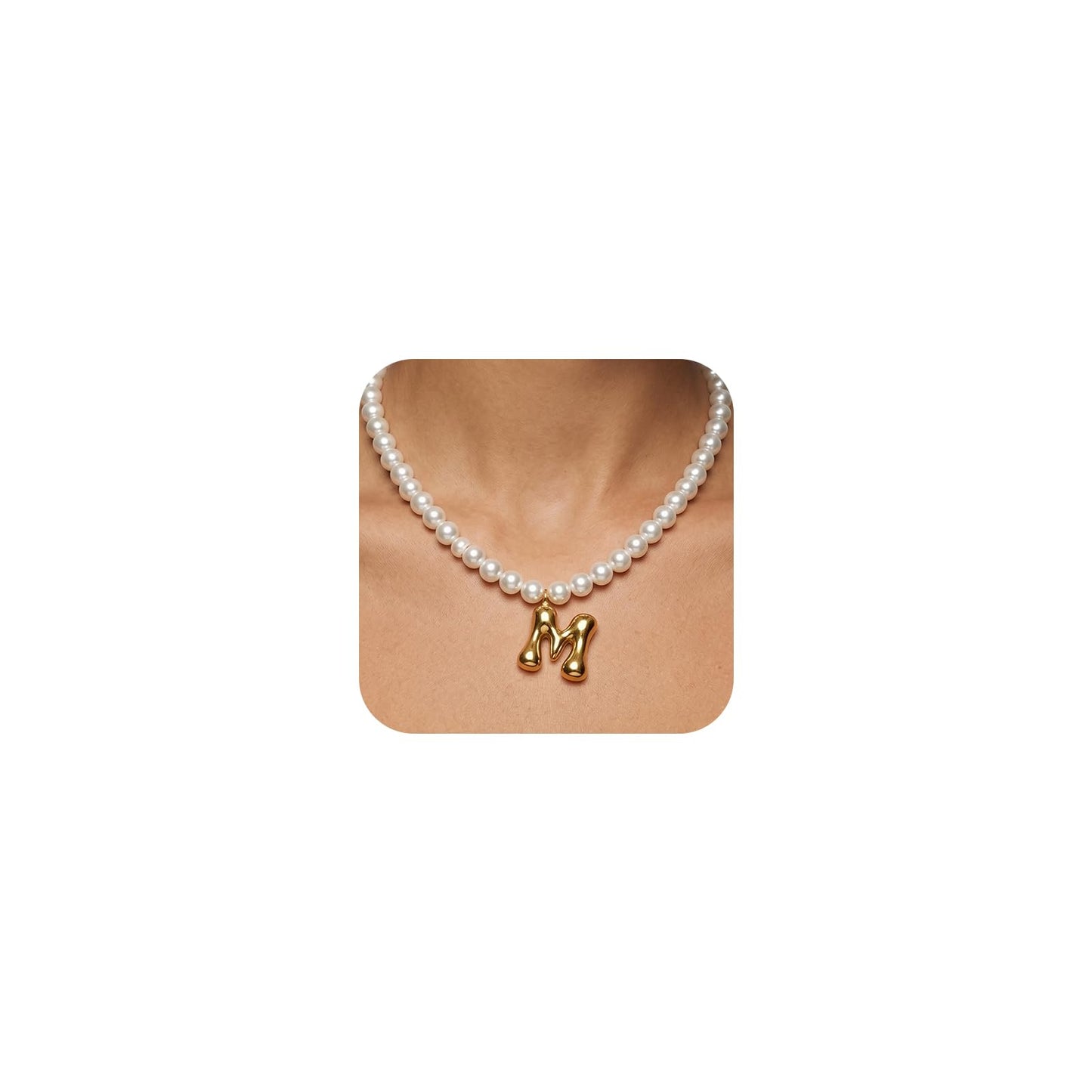 DoDoBeads Pearl Initial Necklace, 18K Gold Plated Stainless Steel Balloon Letter Pendant M, Non-Tarnish Waterproof Chunky Monogram Jewelry Gifts for Women Teens