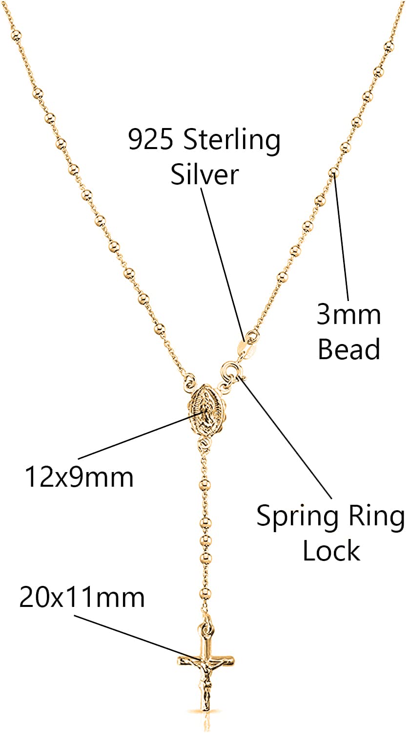 Savlano 925 Sterling Silver Italian Solid Bead Chain Cross & Rosary Virgin Mary Pendant -18K Gold Plated Y Necklace Comes With Gift Box for Women - Made in Italy (16, 3mm)
