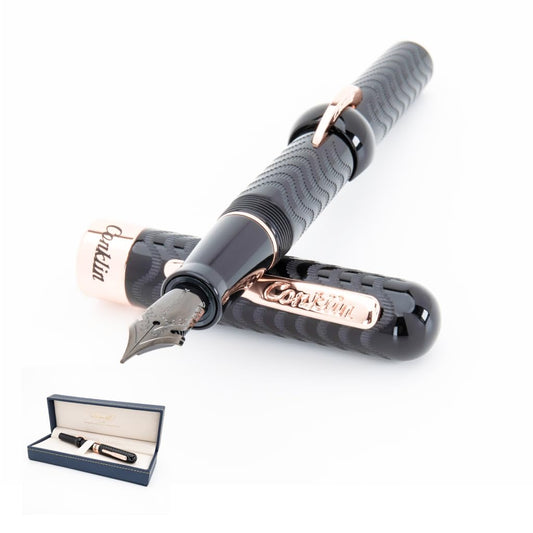 Conklin Mark Twain Crescent Filler Fountain Pen - Black Chase with 18 Karat Rose Gold Trim - Flex Nib