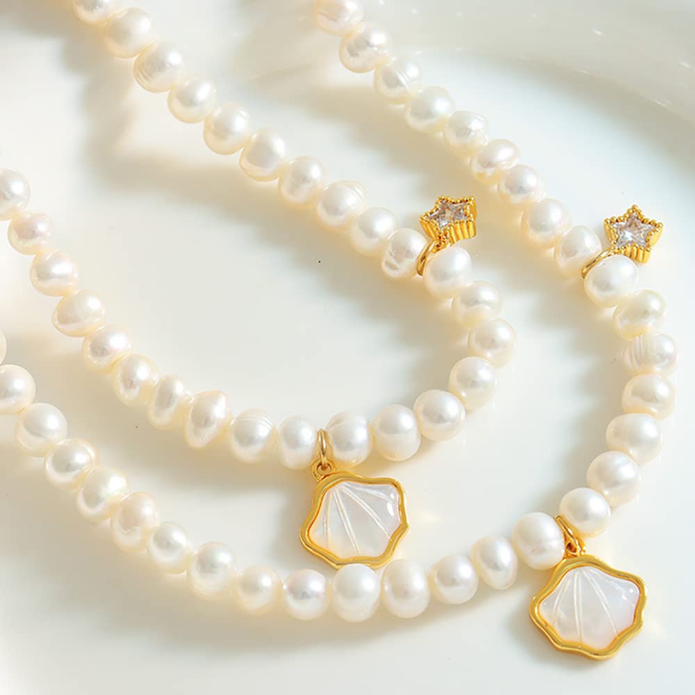 14K Gold Beaded Pearl Choker Necklace for Women,Freshwater Cultured Pearl Shell Shape Pendant Necklaces,Fashion Jewelry Gift for Her (Style 3, 14K Gold)