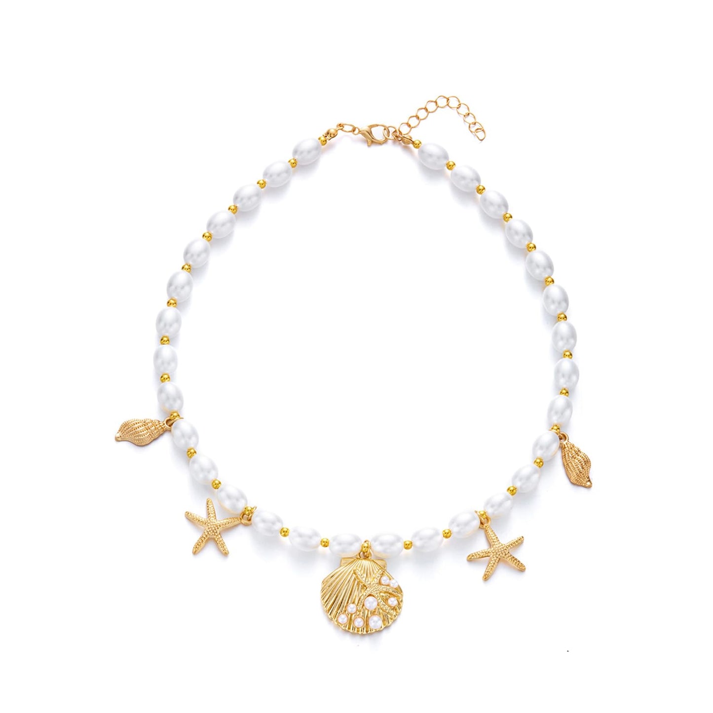 Pearl Gold Starfish Seashell Necklace for Women Boho Mermaid Pearl Beaded Necklace Trendy Gold Starfish Shell Charms Necklaces Summer Beach Vacation Jewelry Accessories (C)