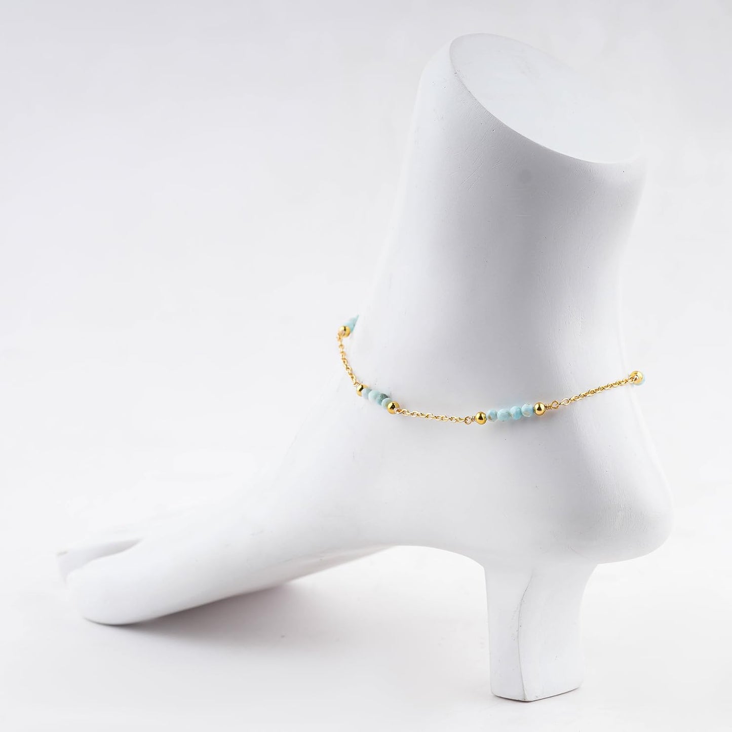 CRYSTALINES Natural Sky Blue Larimar Gemstone Beads, Handmade Station Dangle Star Charms Anklet, 14K Gold Plated, Adjustable Fashion Boho Jewelry for Women, Healing Crystals, Christmas Gift