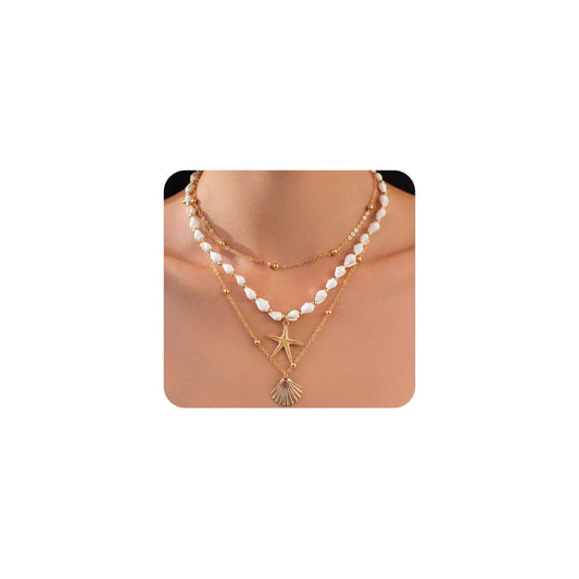 Twentylo Layered Gold Chunky Starfish Necklace for Women,Trendy Boho Shell Choker Necklace,Dainty Beach Holiday Dress Jewelry (Layered)