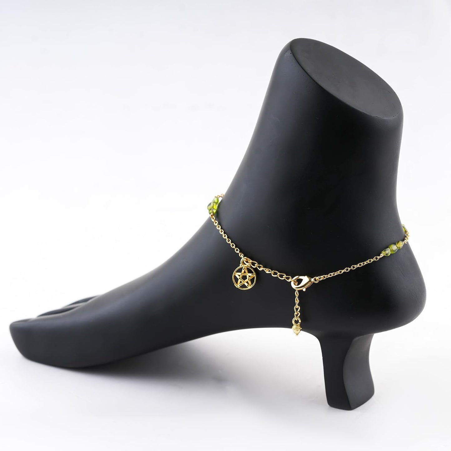 CRYSTALINES Natural Peridot Gemstone Nuggets Beads, Handmade Station Dangle Star Charms Anklet, 14K Gold Plated, Adjustable Fashion Boho Jewelry for Women, Healing Crystals, Christmas Gift