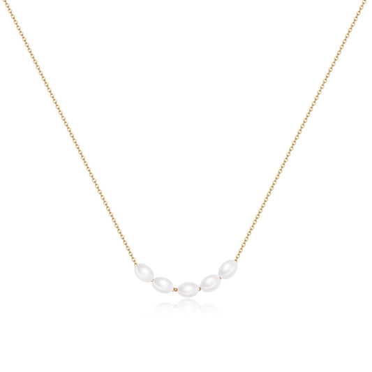 Caenyo Five Pearl Choker Necklace, 14K Real Gold Plated, Hypoallergenic & Tarnish Resistant, Simple & Chic Jewelry for Women, Adjustable 16+2 Inch