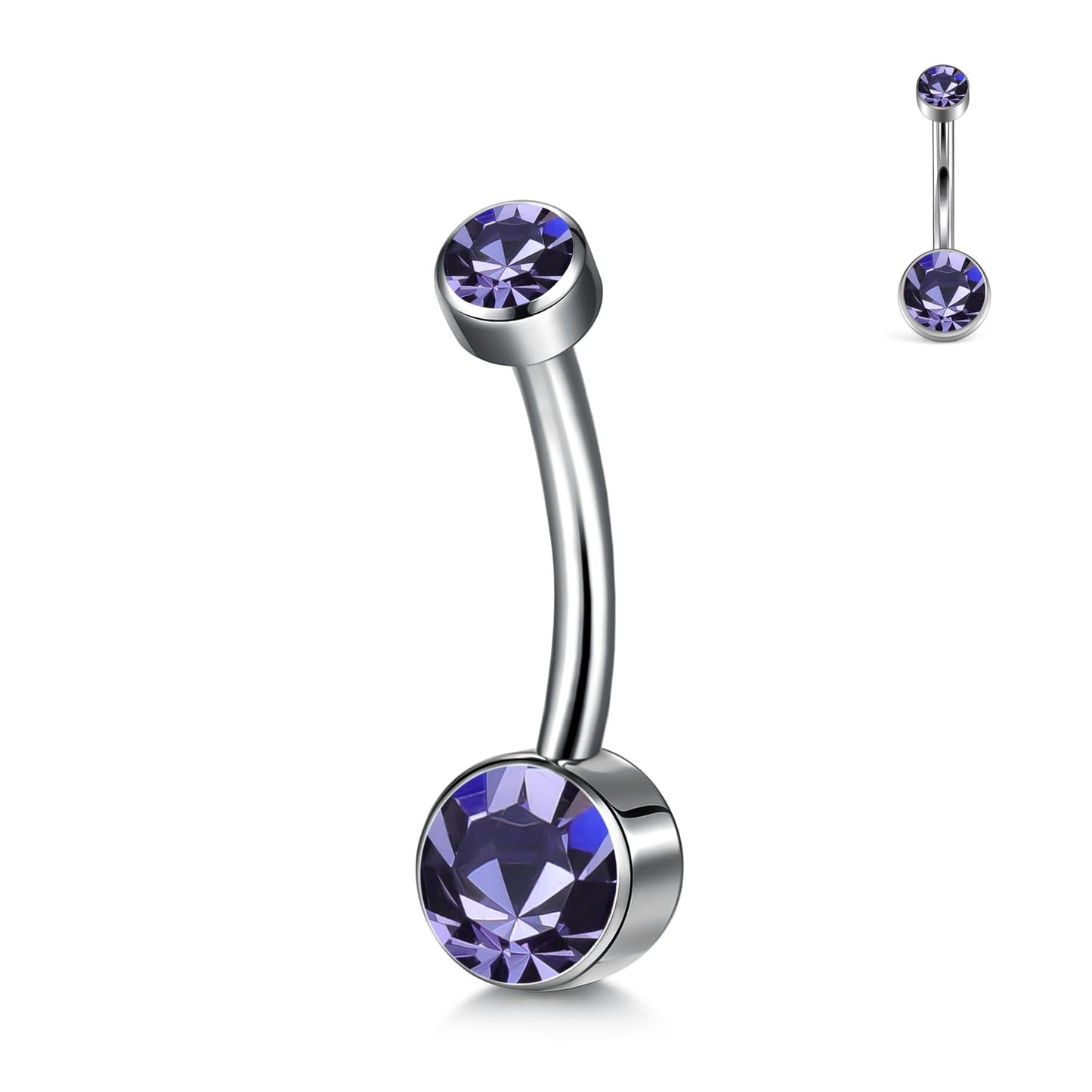 XUU Titanium Belly Button Rings, Black & Silver – 14G Internally Threaded Navel Piercing Jewelry, 10mm & 12mm Curved Barbells with 7 Colors Gems – Hypoallergenic (Silver-Violet cz, 10MM)