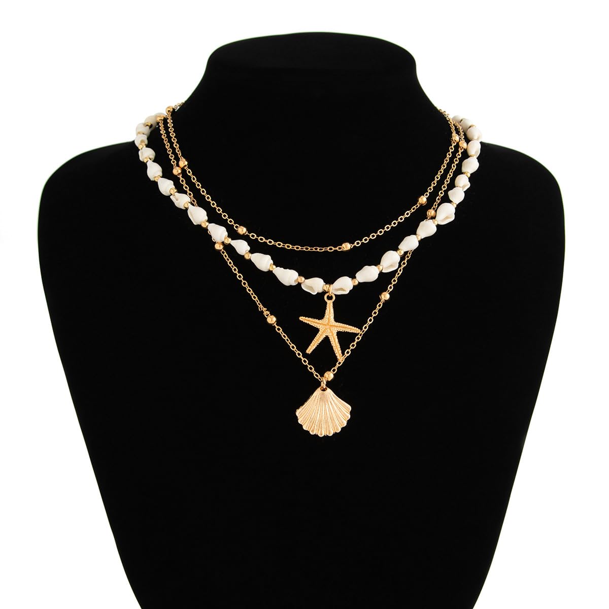 GYRMMUE Gold Starfish Necklaces for Women Boho Seashell Pendant Layered Necklaces Set Dainty Ocean Beach Charm Necklace Hawaiian Shell Stackable Beaded Necklace Summer Vacation Jewelry (White)