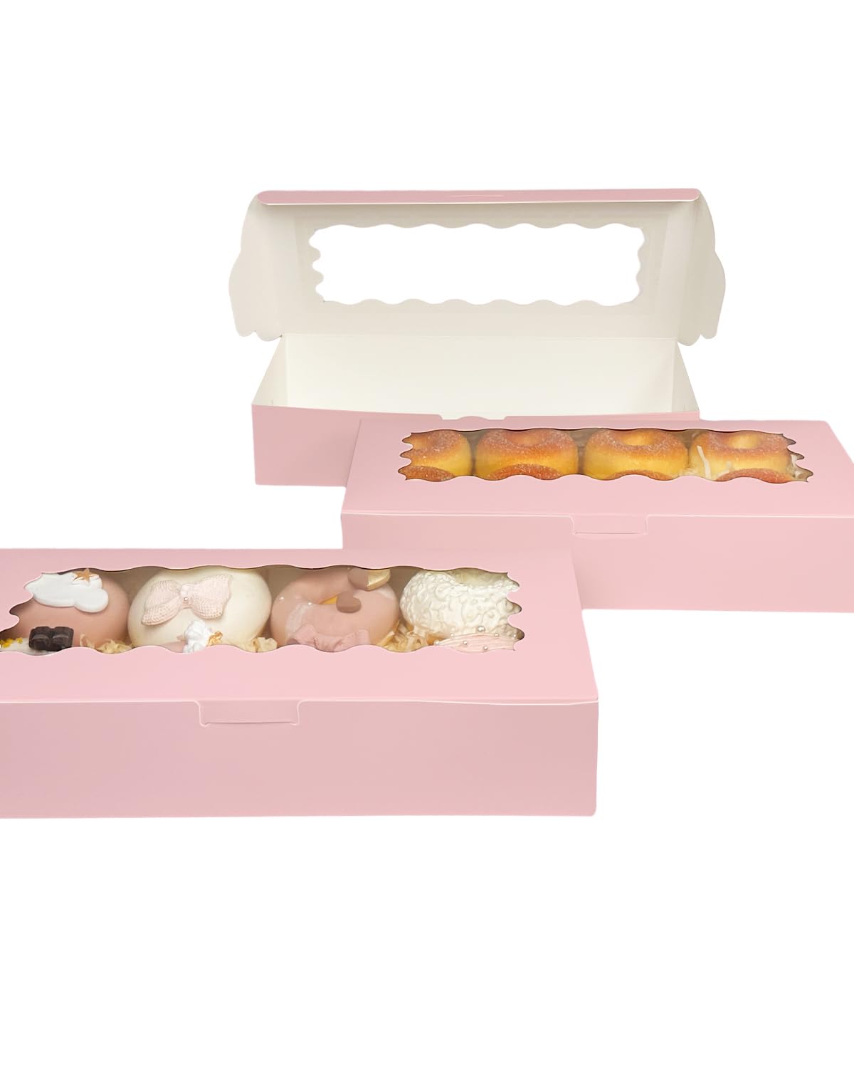 qiqee 50 Packs Pink Cookie Box with Window 12x5.5x2.5 Inch Two Uses Pastry Biscuit Bakery Box For Packaging