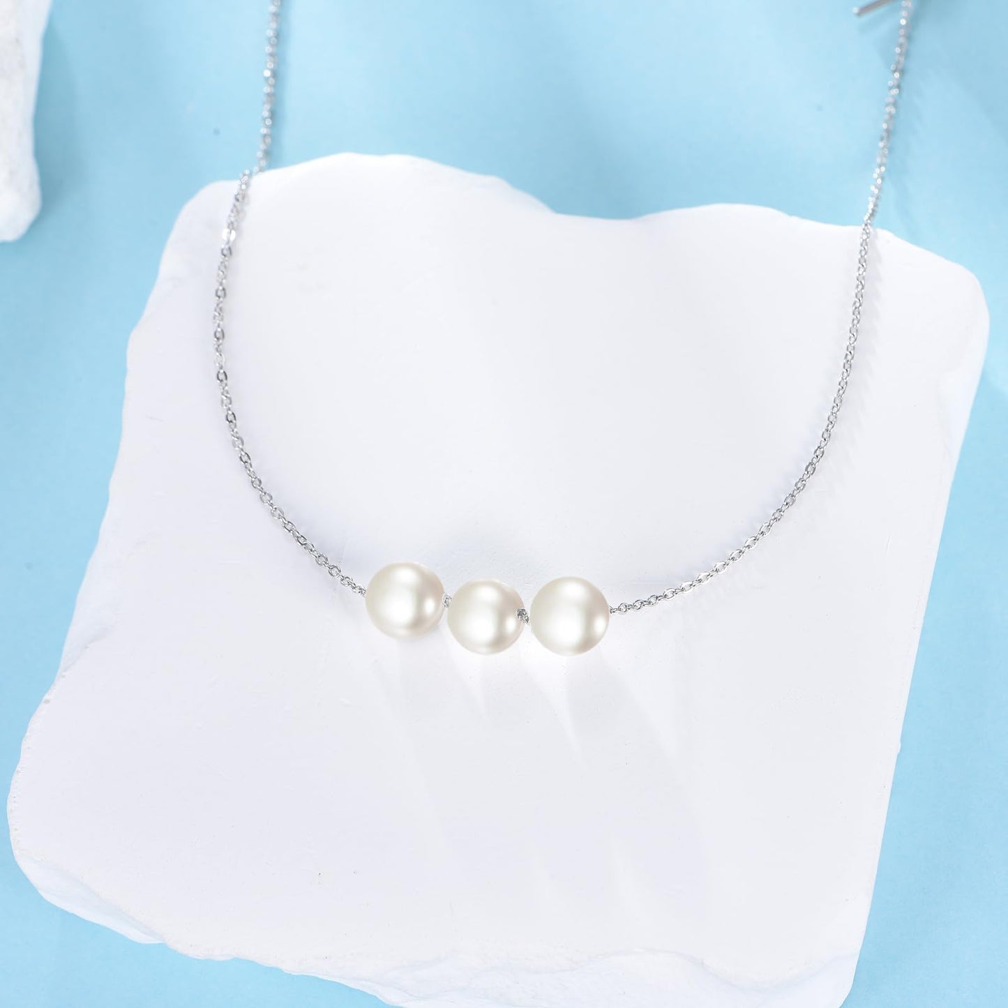 POPLYKE 3 Pearls Necklace Sterling Silver Pearls Choker Necklace for Women 7-8mm Freshwater Cultured Pearls Wedding Bridesmaids Anniversary 16''
