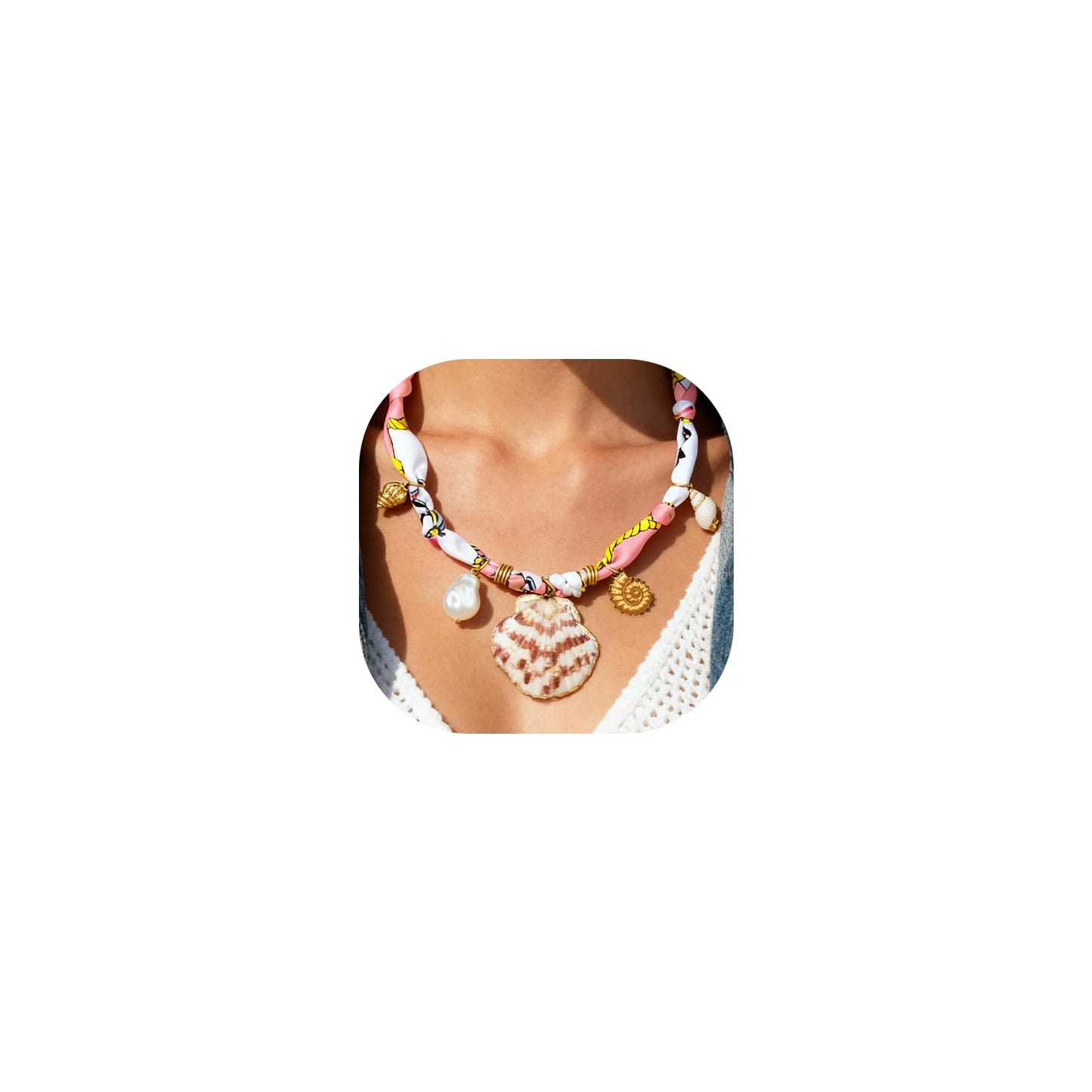 DoDoBeads Scarf Charm Necklace – Shell Romance – Pink Nautical Scarf Necklace with Stainless Steel Shells & Pearl Charm, Adjustable Bandana Jewelry for Women