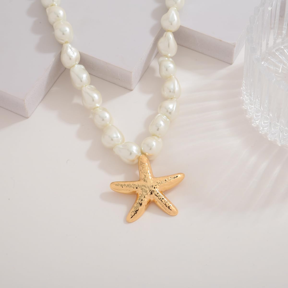 INNERDIVA Starfish Necklace for Women, Gold-Plated Pendant with White Baroque Pearl Beads Adjustable Beach Necklace Summer Coastal Jewelry Gifts