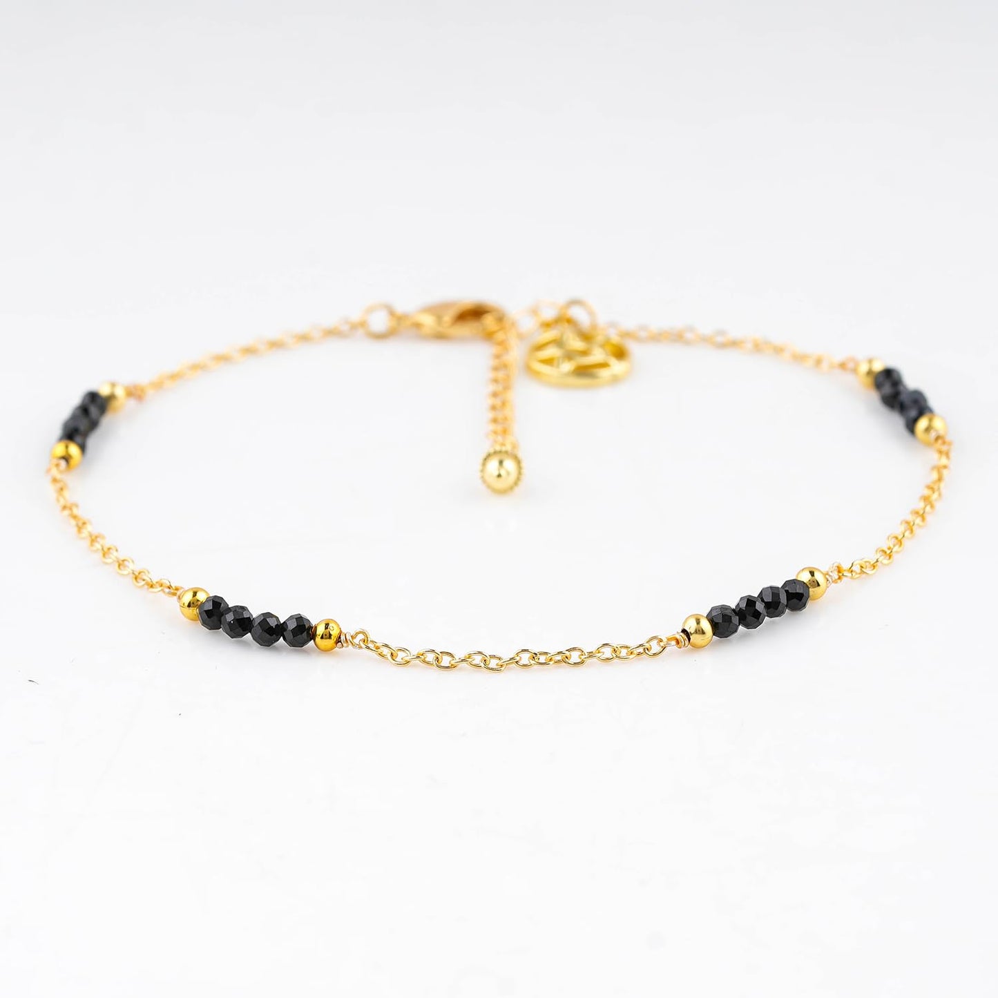 CRYSTALINES Natural Black Spinel Gemstone Beads, Handmade Station Dangle Star Charms Anklet, 14K Gold Plated, Adjustable Fashion Boho Jewelry for Women, Healing Crystals, Christmas Gift