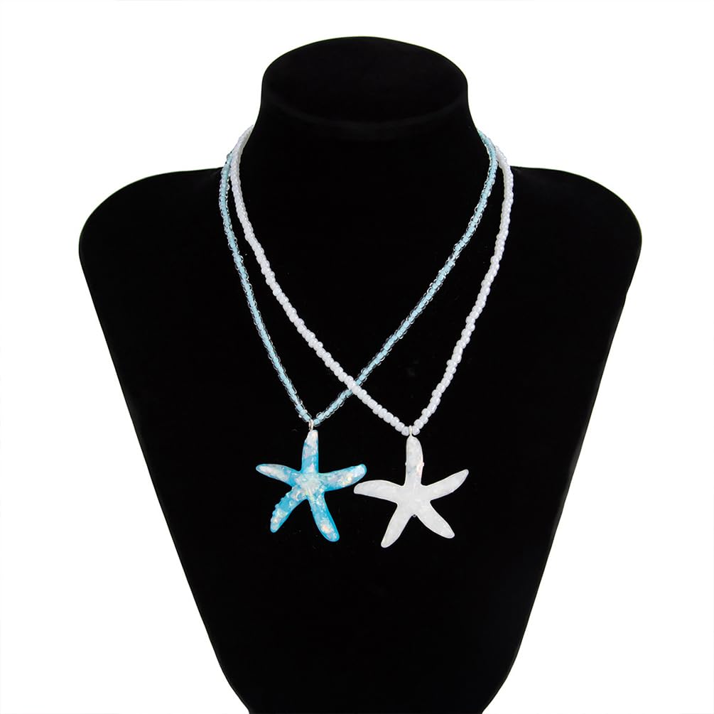 Douxsu 2Pcs Layered Boho White Blue Starfish Necklace for Women, Delicate Sea Star Pendant Hawaiian Small Beaded Chain Necklace Y2k Beach Ocean Beachy Jewelry (White-Blue)