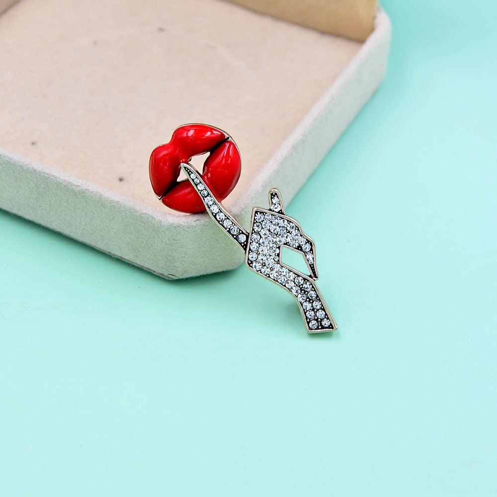 Sexy Red Lips Brooch Rhinestone Quiet Gestures Statement Brooches Lapel Pins Elegant Dress Accessories Suit Tie Art Deco Fashion Imitation Cubic Zirconia Jewelry Lover Gift for Women Girls