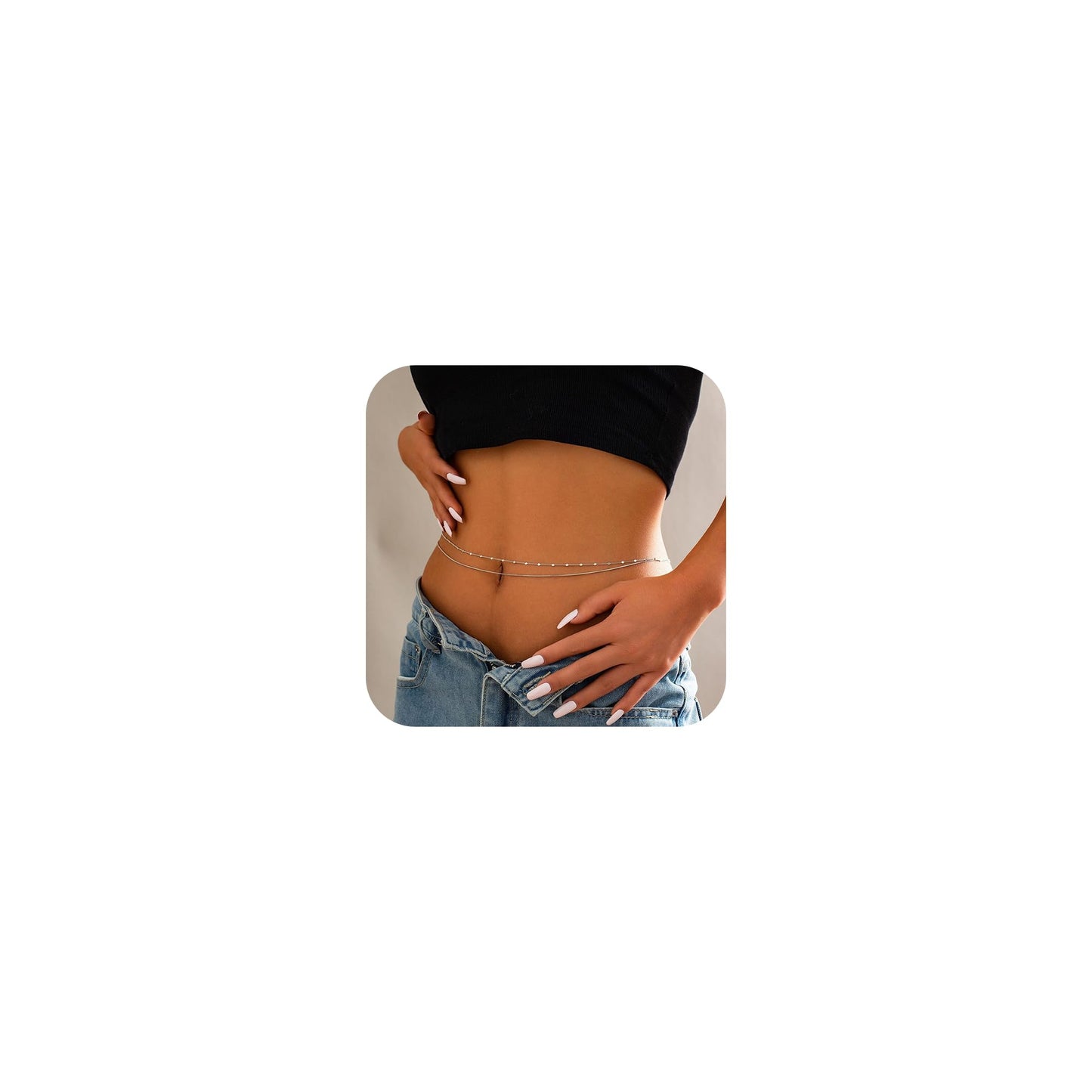 MODRSA 2pcs Layered Belly Chain Silver Waist Chain for Women Silver Waist Jewelry for Women Belly Chains Thin Stomach Jewelry Sexy Body Chains Non Tarnish Waterproof Summer Jewelry Trendy