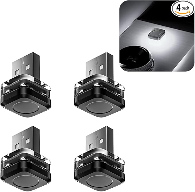 4PCS Car Interior USB LED Light, Portable Plug-in Bright Vehicle Atmosphere Decor Lamp, Small Automotive Inside Decoration Ambient Night Light Kit, Universal for SUV Van Truck (White)