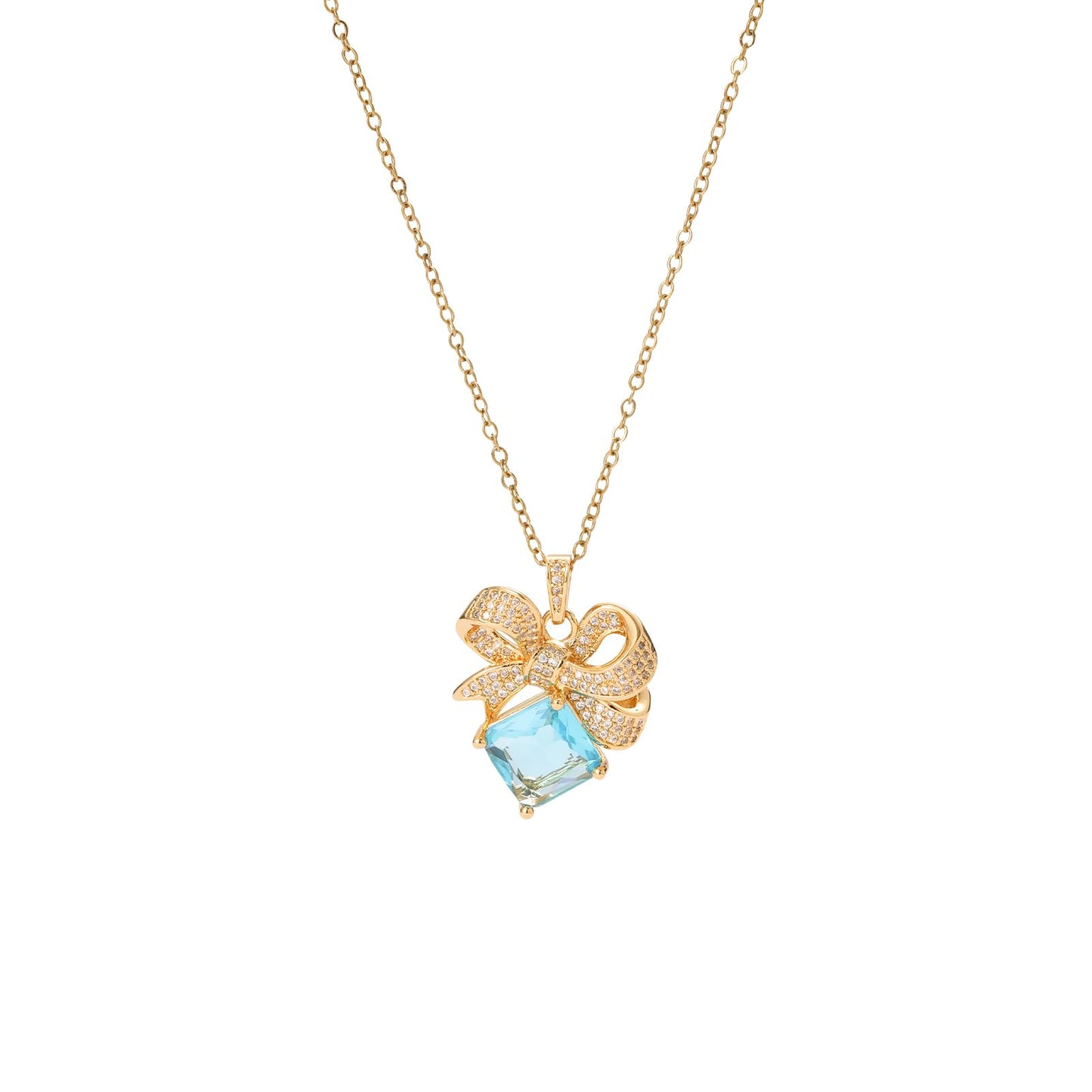 Blue Square March Birthstone Aquamarine Bow Necklace for Women-Gold Plated Healing Crystal Imitation Aquamarine Jewelry Waterproof Non Tarnish Jewelry For Birthday Valentines Day Mother's Day Christmas Thanksgiving Gifts