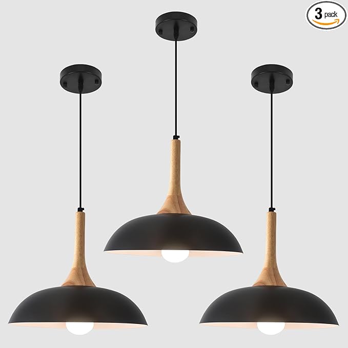 Black and Wood Pendant Lights Kitchen Island, 3 Packs Modern Black Pendant Light, 13.8 inch Wood Pendant Light for Kitchen, Dining Room, Living Room