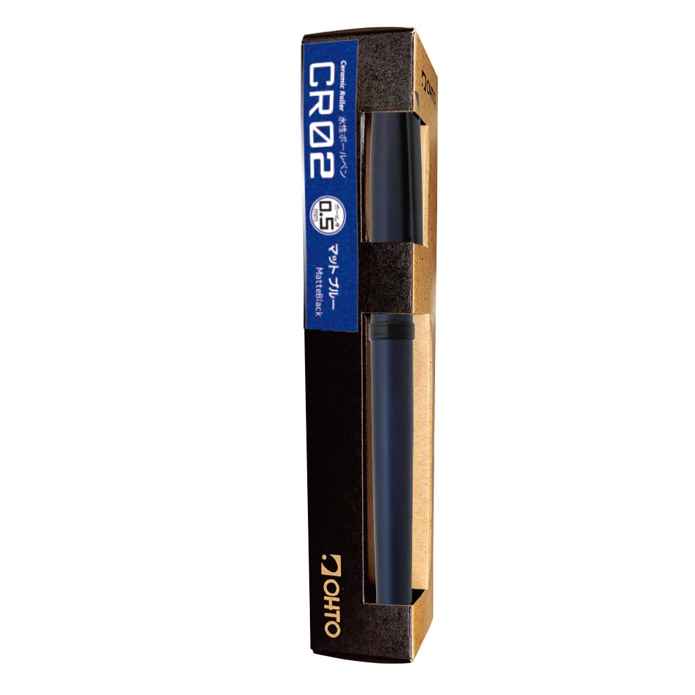 OHTO CR02 Ceramic Rollerball Pen, 0.5mm Fine Point, Medium-Thick Aluminum Barrel with Brass Components, Matte Blue, Refillable Water-Based Black Ink, CR02-05-MBL