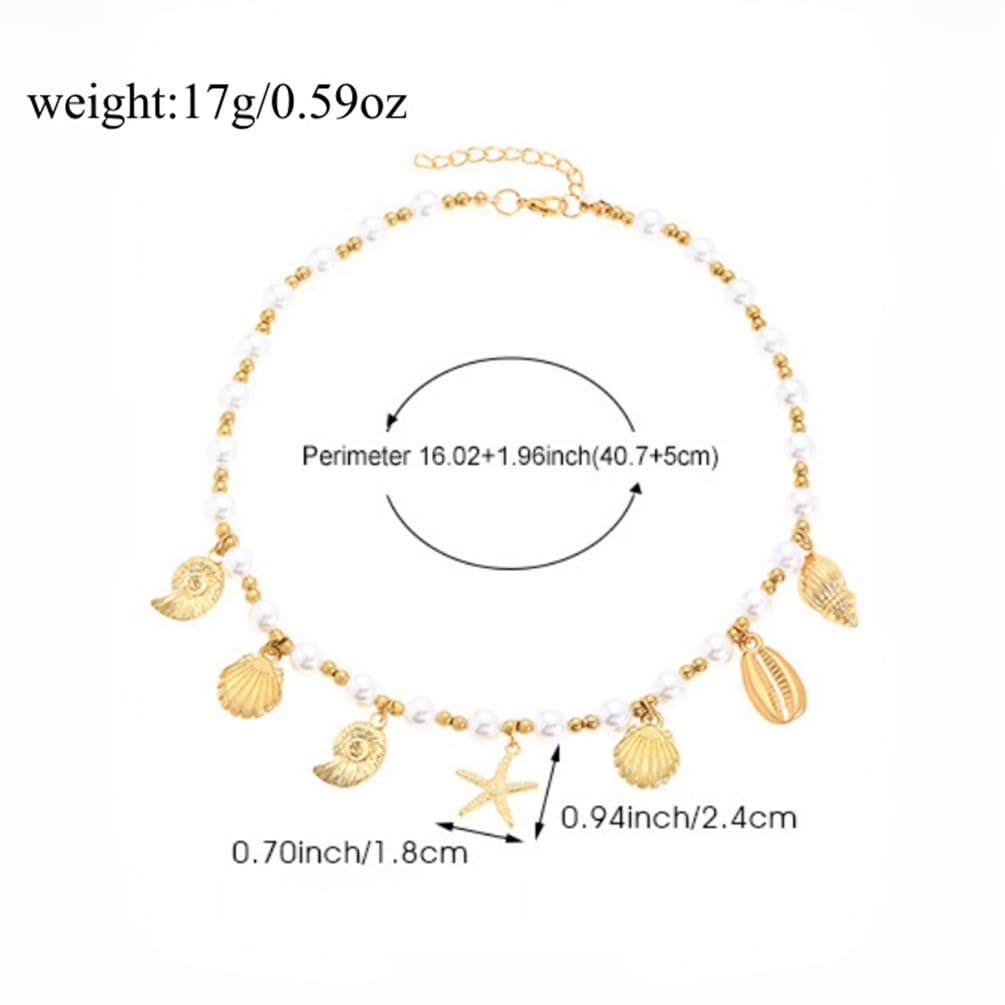 Gold Starfish Conch Oval Pearl SeaShell Necklace for Women Trendy, Statement Boho Shell Pearls Beaded Chain Necklaces Holiday Beach Party Jewelry (Gold 2)