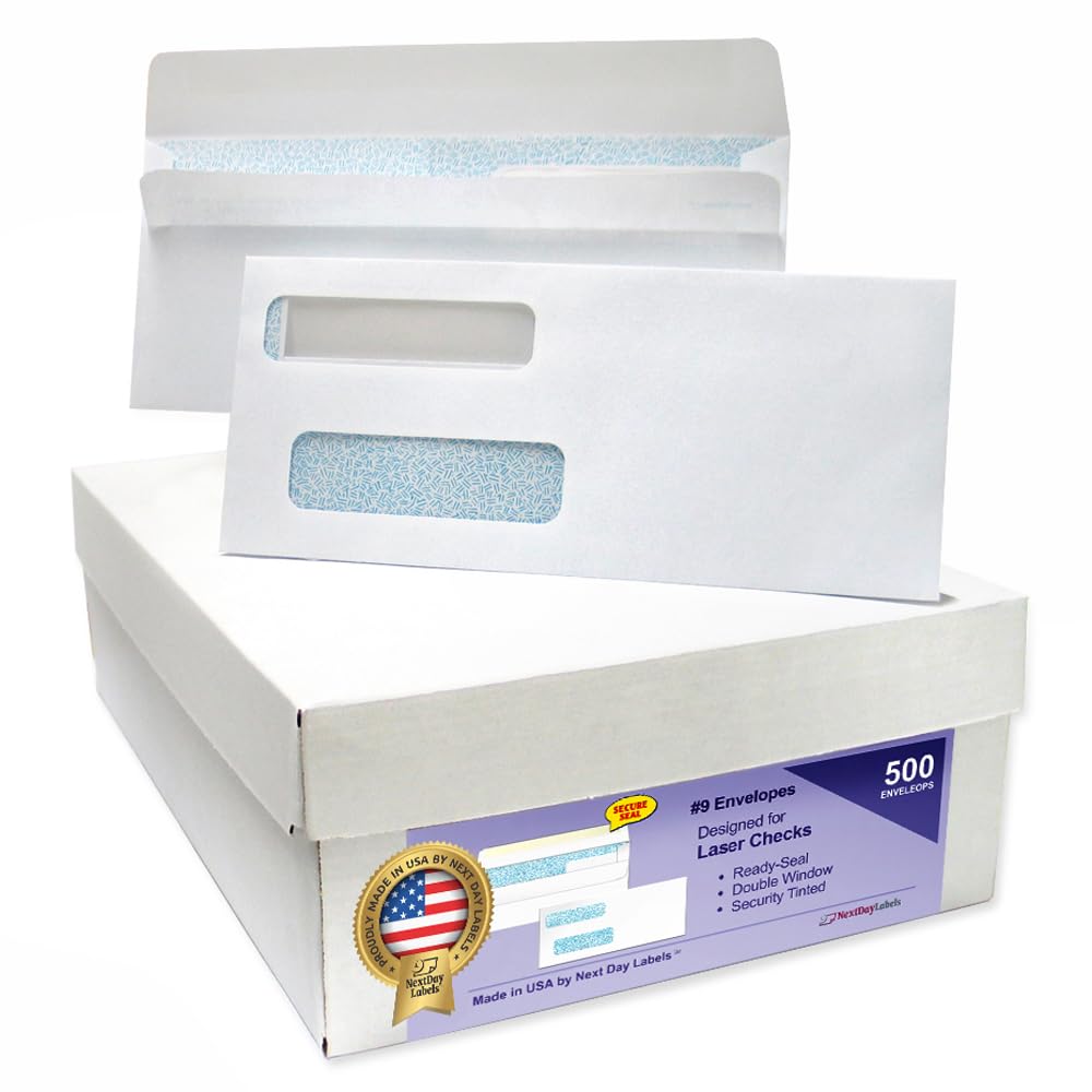 NextDayLabels #9 Double Window Check Envelopes - 500 Pack Ready-Seal Security Tinted Envelopes for QuickBooks, Sage 100, Blackbaud Checks - Self-Sealing Laser-Compatible - Made in USA