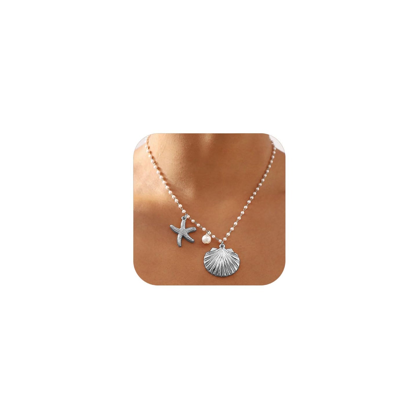 Gold Shell Necklace for Women Gold Seashell Starfish Pendant Necklace Shell Choker Pearl Beaded Chain Necklaces Summer Beach Jewelry (B Silver Style)