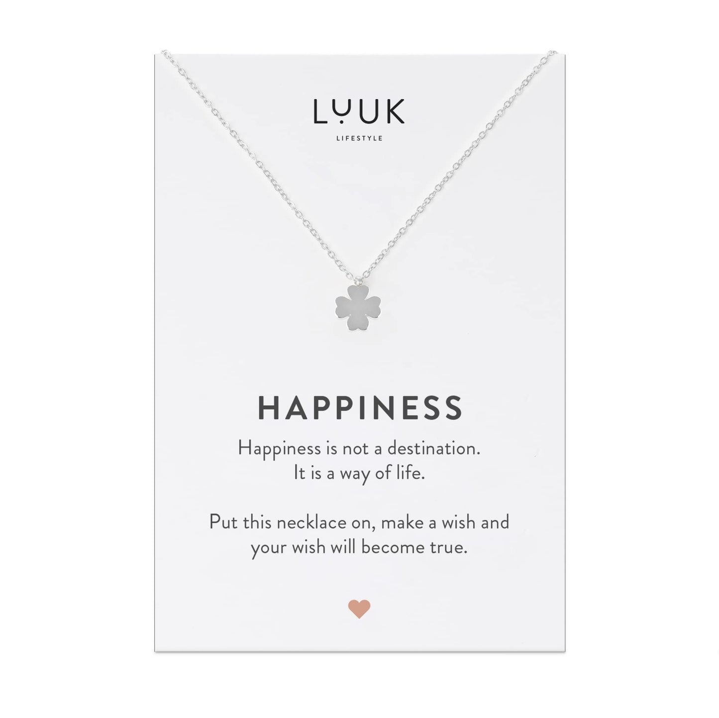 LUUK LIFESTYLE Clover necklace for women, shamrock pendant, stainless steel and HAPPINESS gift card, stylish and trendy jewelry, sign of happiness, new beginning, silver