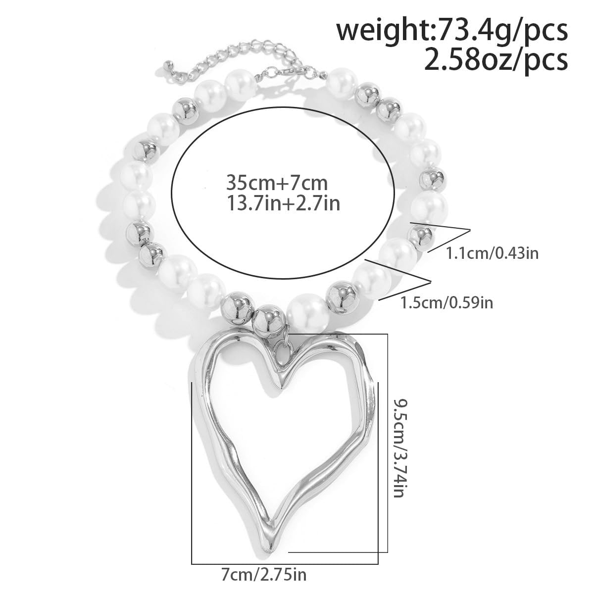 Y2k Large Heart Necklaces for Women Chunky Love Pearl Ball Beads Choker Necklaces Exaggerated Big Hollow Heart Pendant Necklace Statement Jewelry Gifts (Silver1)