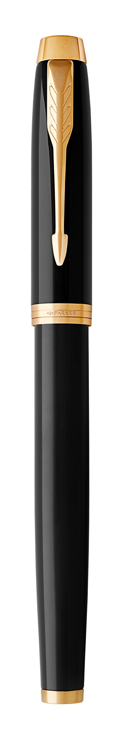 Parker IM Fountain Pen, Black Lacquer with Gold Trim, Fine Nib, Blue Ink Refill, Elegant Gift Box