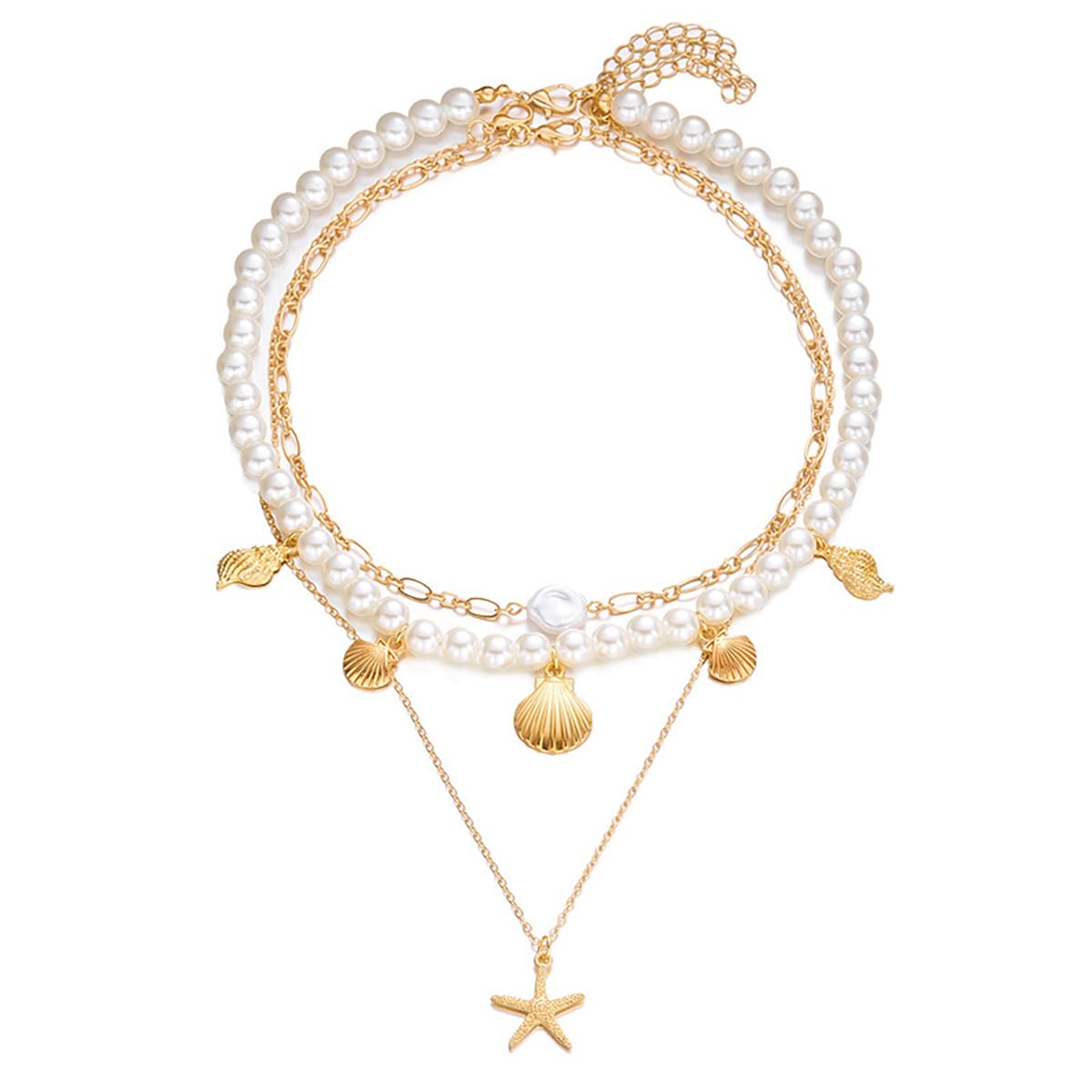 Boho Multi-layered Shell Starfish Necklace Layered Pearl Pendant Choker Necklace Fashionable Clavicle Chain Necklace Seaside Beach Vacation Jewelry for Women (Starfish2)