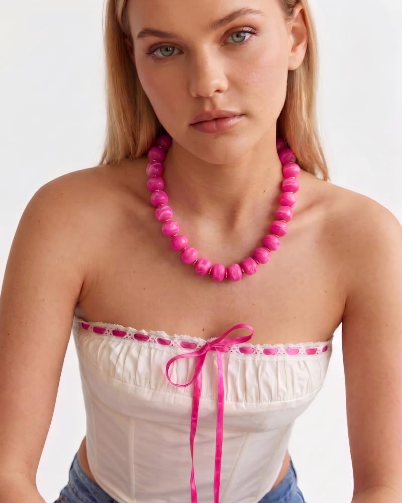 FAUTHENTICUTE Hot Pink Beaded Choker Necklace for Women Statement Boho Bead Necklaces Trendy Western Beach Summer Necklace Vibrant Pink Beaded Choker Necklaces for Women Bold Statement Jewelry