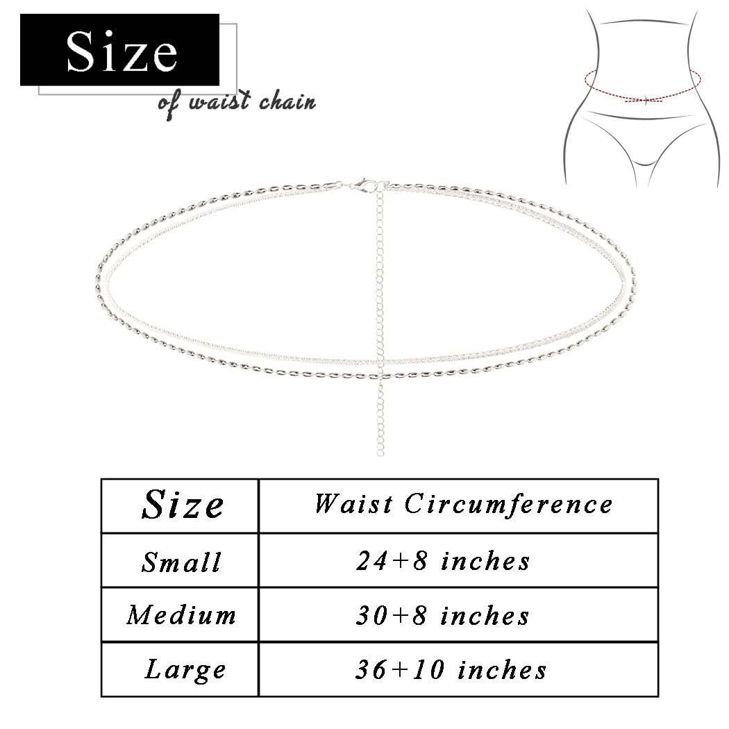 Wriidy Layered Silver Beaded Waist Chain Shiny Belly Chain Women Body Jewelry Accessories for Beach