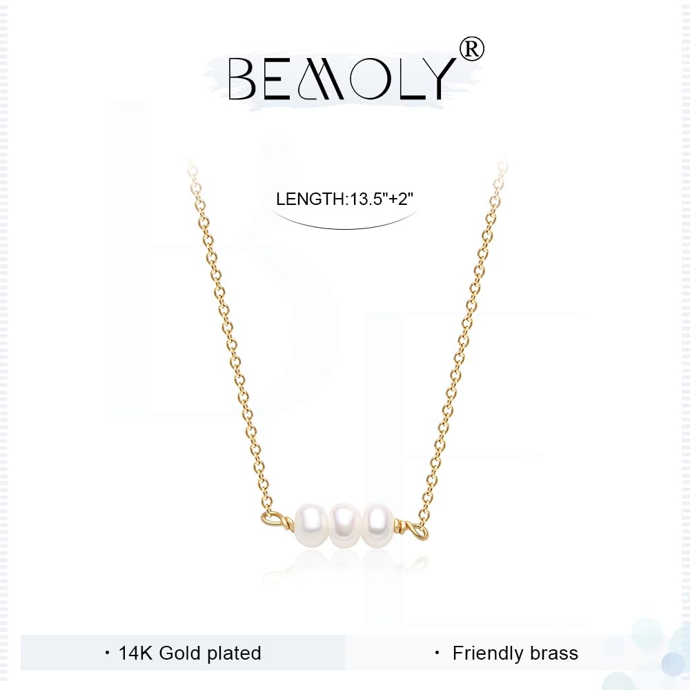 14K Gold Plated 3 Tiny Pearl Necklace for Women, Dainty Minimalist Pearl Choker, 14"+2" Adjustable Extension Chain, Delicate Layering Jewelry for Daily Wear & Gift