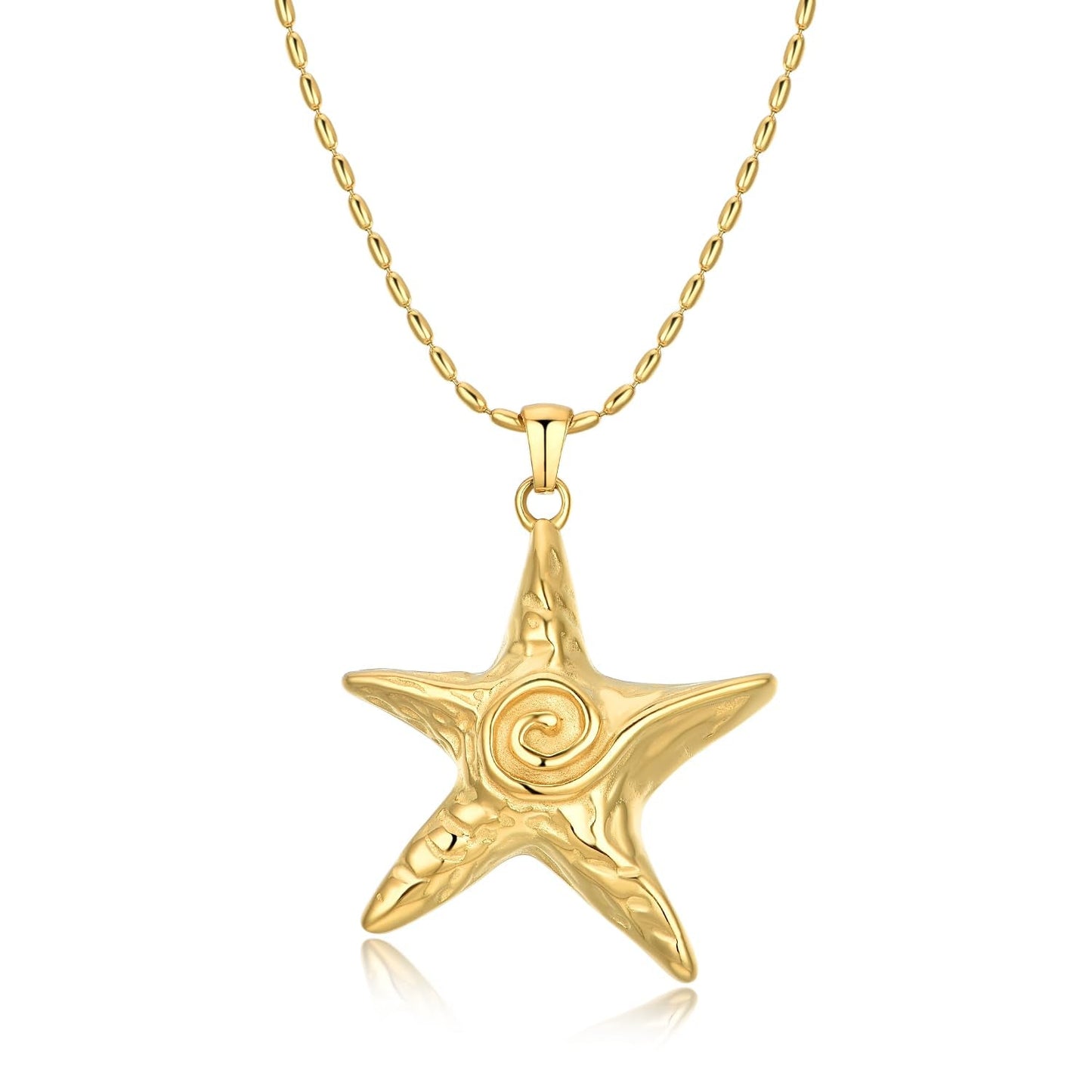 NUZON Large Gold Starfish Pendant Necklace for Women 18K Gold Plated Stainless Steel Sea Star Beaded Chain Necklace Boho Summer Beach Jewelry 18’’