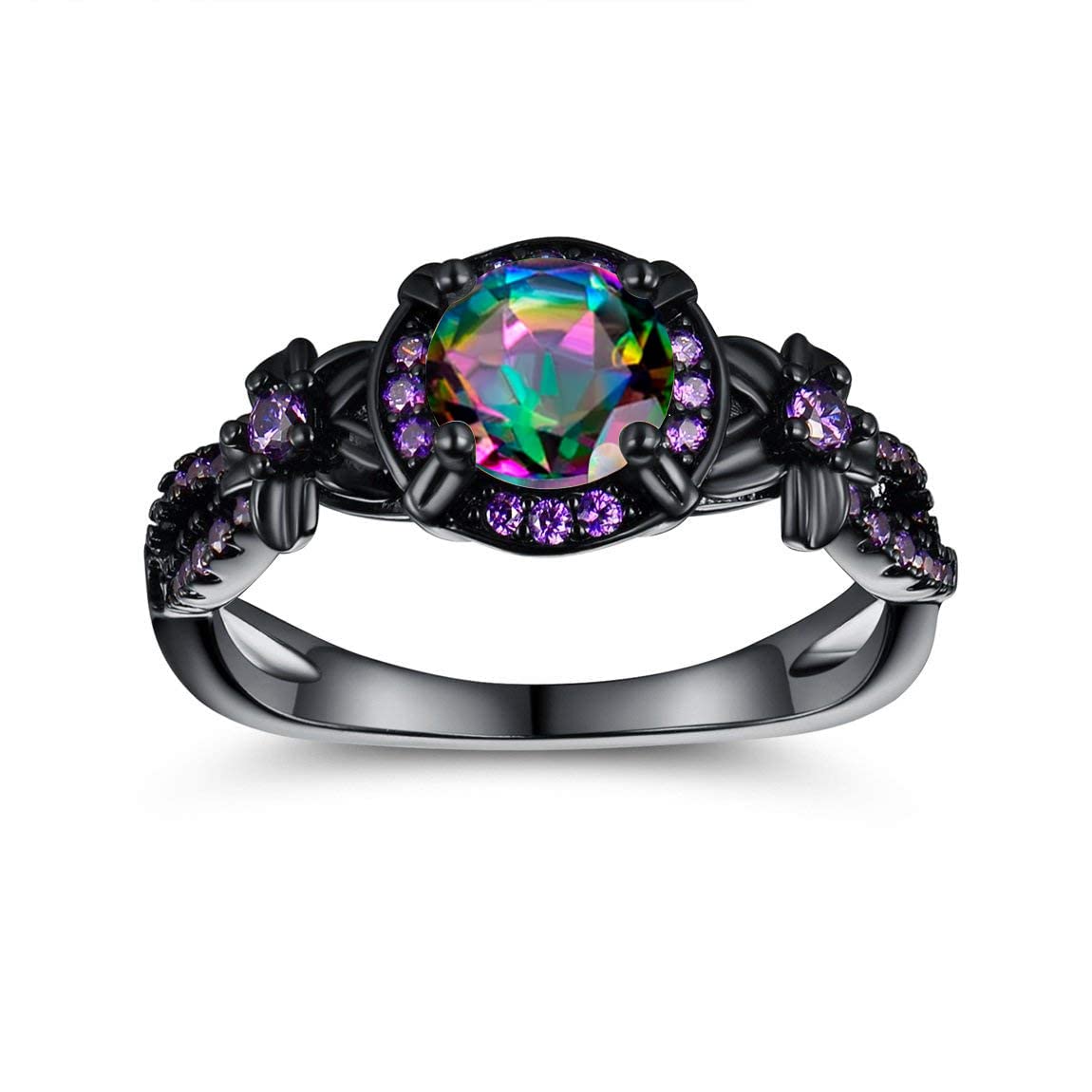 Women Eternity Rings18K Black Gold Plated Rainbow CZ Created Amethyst Gemstone Wedding Engagement Band for Bride Dainty Jewelry Gifts (8)