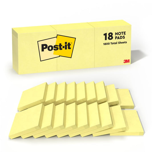 Post-it Notes, 3 in x 3 in, 18 Sticky Notes Pads, 100 Sheets per Pad, The Iconic Canary Yellow Note, School Supplies and Oﬃce Products