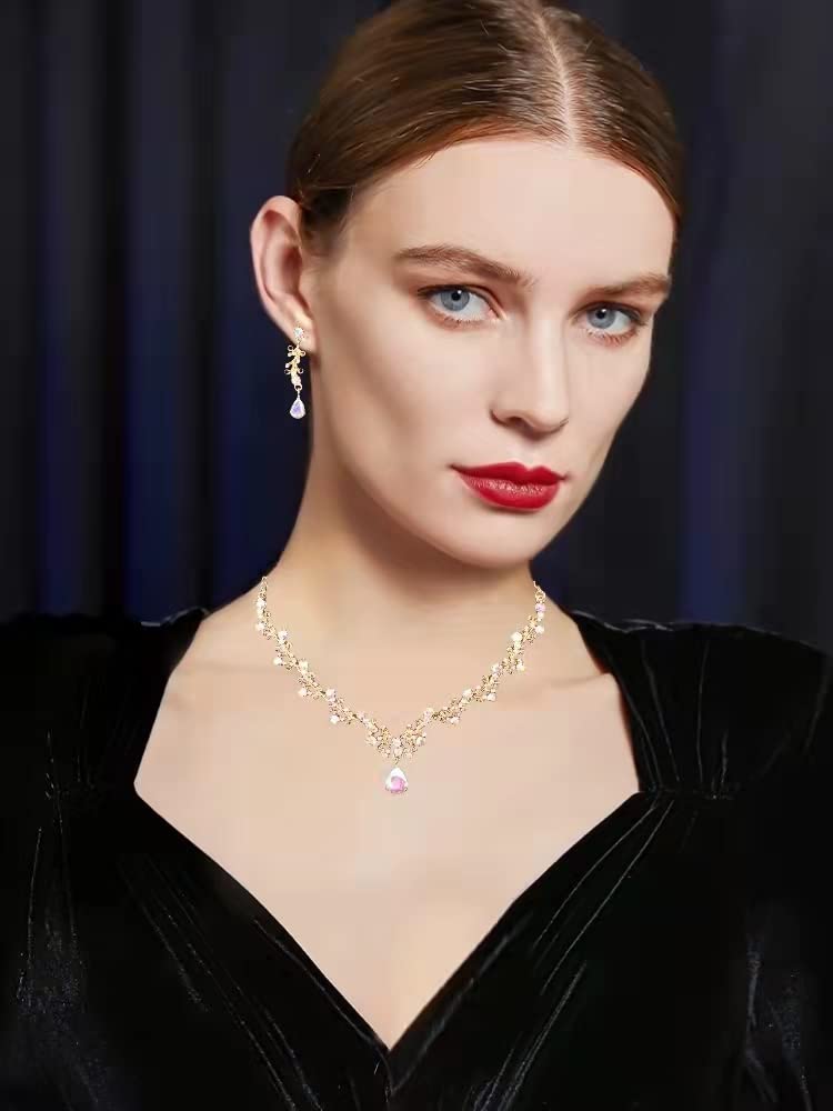3Pcs Austrian Crystal Jewelry Set for Women, Necklace Dangle Earrings Link Bracelet Jewelry Set with Gold/Platinum/Gun Plated, Wedding Party Jewelry for Bridal Bridesmaid (AB Crystal-Gold Plated)