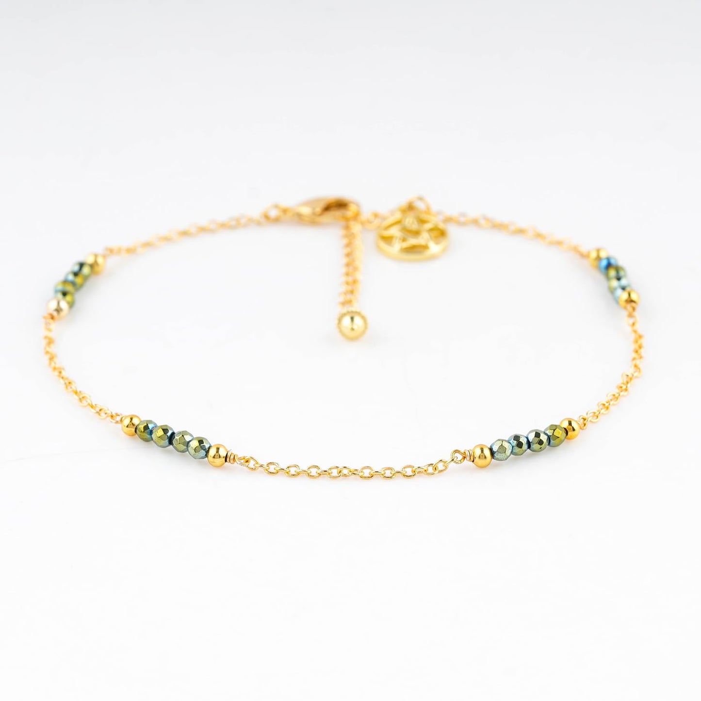 CRYSTALINES Natural Green Hametite Gemstone Beads, Handmade Station Dangle Star Charms Anklet, 14K Gold Plated, Adjustable Fashion Boho Jewelry for Women, Healing Crystals, Christmas Gift