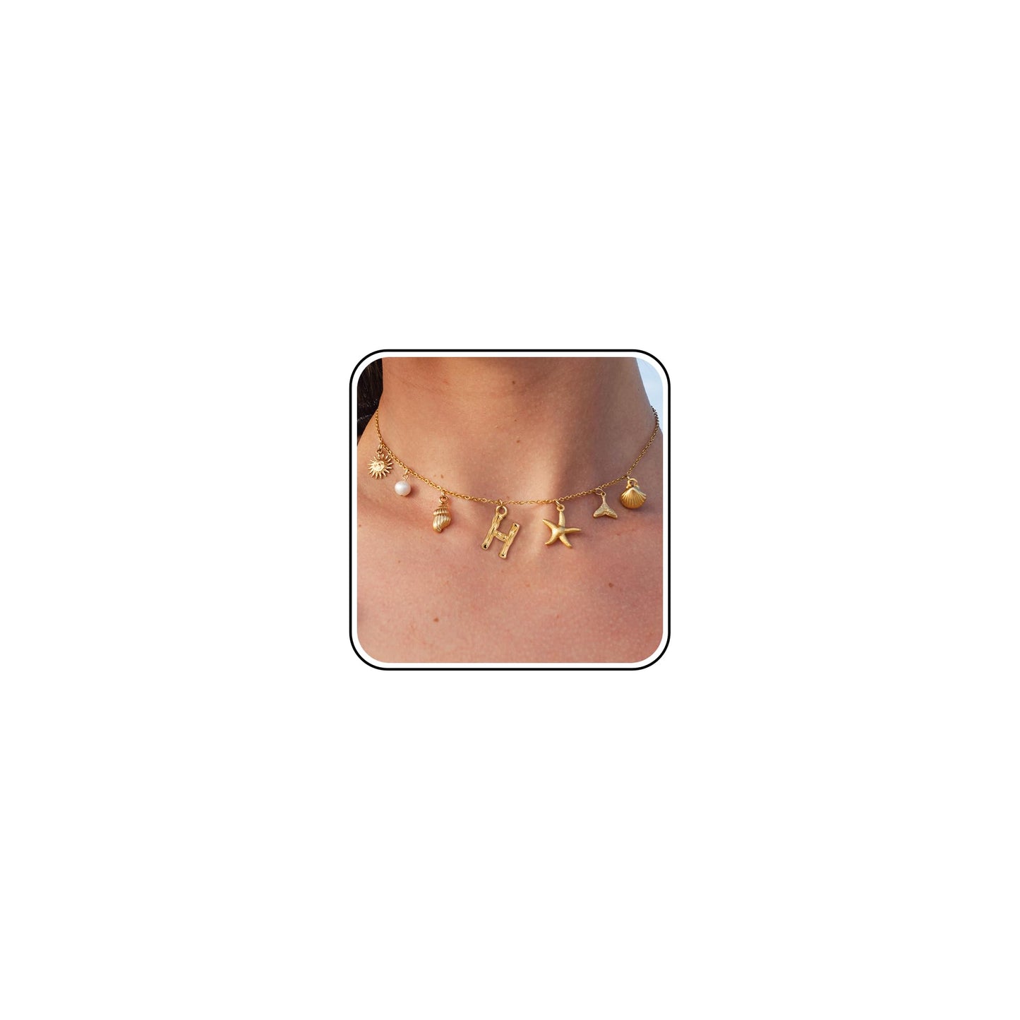 SLOONG Initial Charm Necklace 14K Gold Plated Letter Neckalce Freshwater Pearl Necklace Choker Boho Summer Seashell Beach Starfish Surfer Jewelry Gifts for Women H