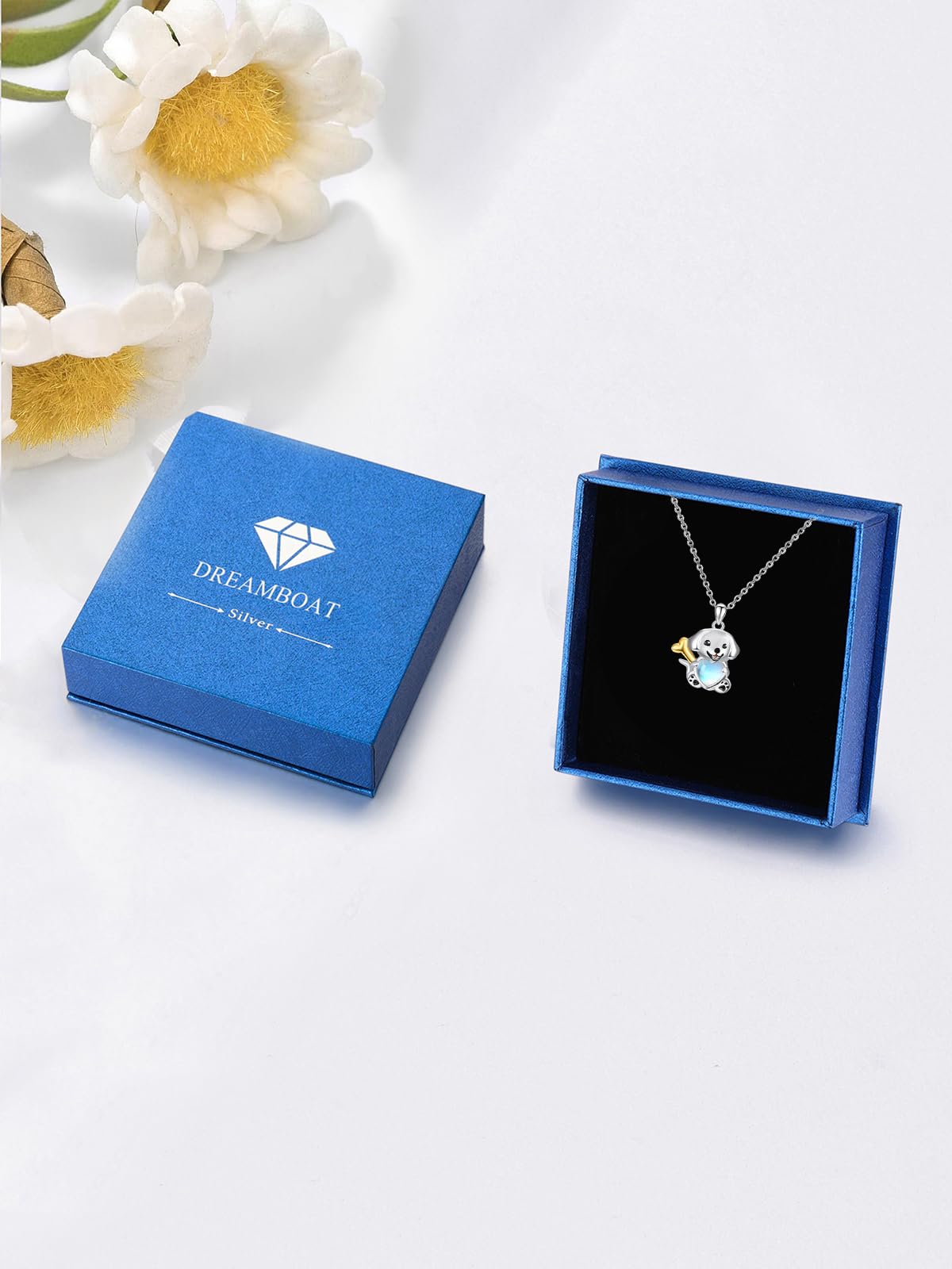Dreamboat Dog Pendant Necklace for Women 925 Sterling Silver Moonstone Puppy Animal Jewelry Christmas Birthday Gifts for Dog Mom