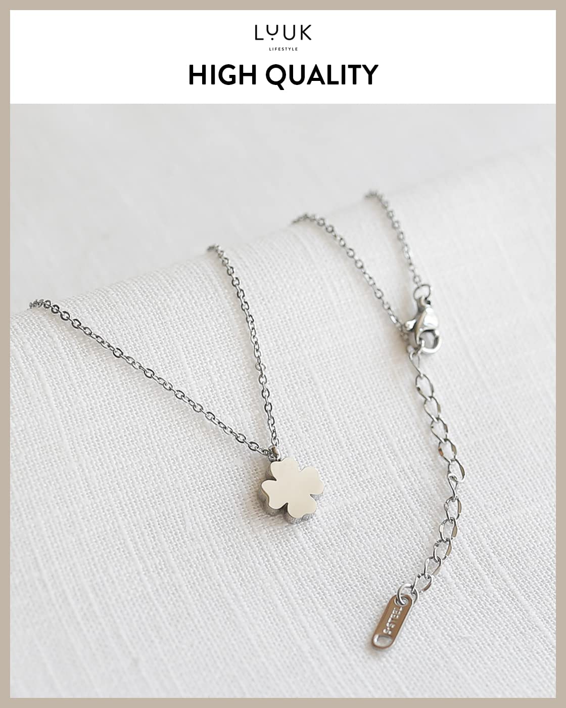 LUUK LIFESTYLE Clover necklace for women, shamrock pendant, stainless steel and HAPPINESS gift card, stylish and trendy jewelry, sign of happiness, new beginning, silver